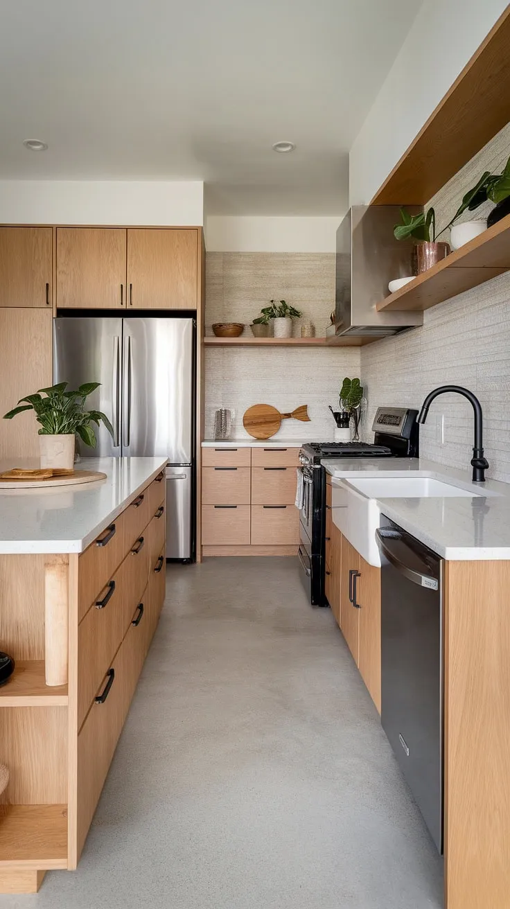 The light wood kitchen showcases a U-shaped design with white quartz surfaces and stylish decor, perfectly blending organic interior design with modern kitchen aesthetics.