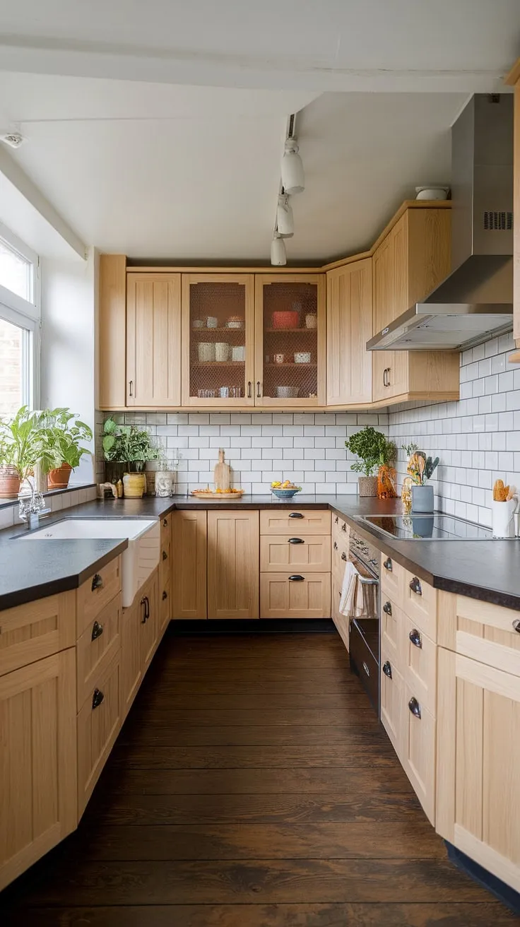 The U-shaped kitchen showcases light wood cabinetry and dark countertops, blending organic interior design with modern kitchen aesthetics for a luxurious feel.