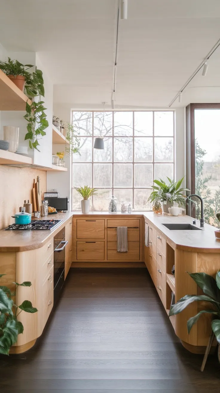 Featuring a harmonious blend of light wood and black appliances, this aesthetic kitchen decor exemplifies modern kitchen design with a focus on organic interior design.