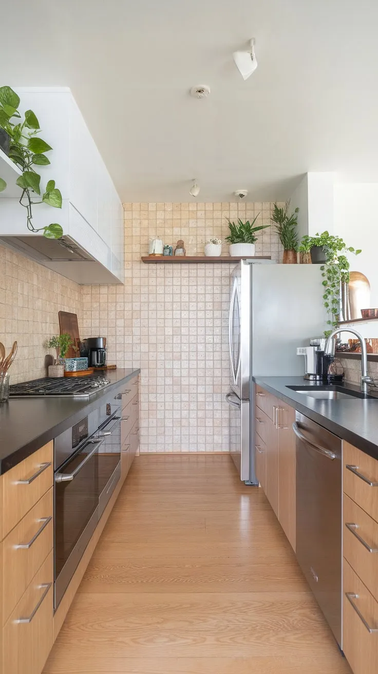 This bright and airy organic modern kitchen features a u-shaped layout with light wood cabinetry, dark countertops, and aesthetic kitchen decor, embodying contemporary kitchen styles and luxury kitchen design.