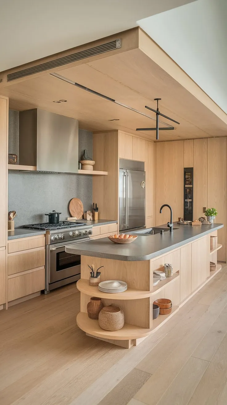 This organic modern kitchen showcases a U-shaped layout with light wood cabinets and a luxurious aesthetic, perfectly blending contemporary kitchen styles and wooden kitchen interiors.