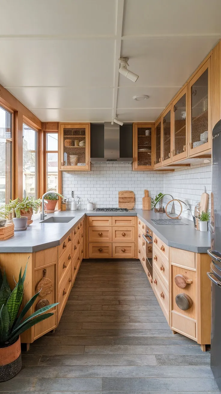 This organic modern kitchen features a U-shape layout with light wood cabinets, grey countertops, and aesthetic kitchen decor, perfectly blending luxury kitchen design with contemporary kitchen styles.