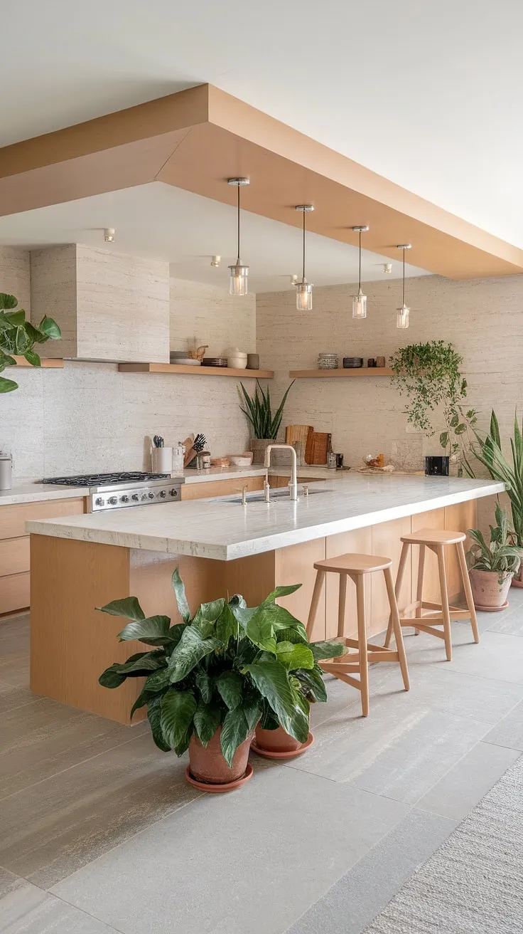 The light wood kitchen showcases a U-shaped design with a marble island and organic interior elements, creating a stunning luxury kitchen that embodies modern kitchen design.