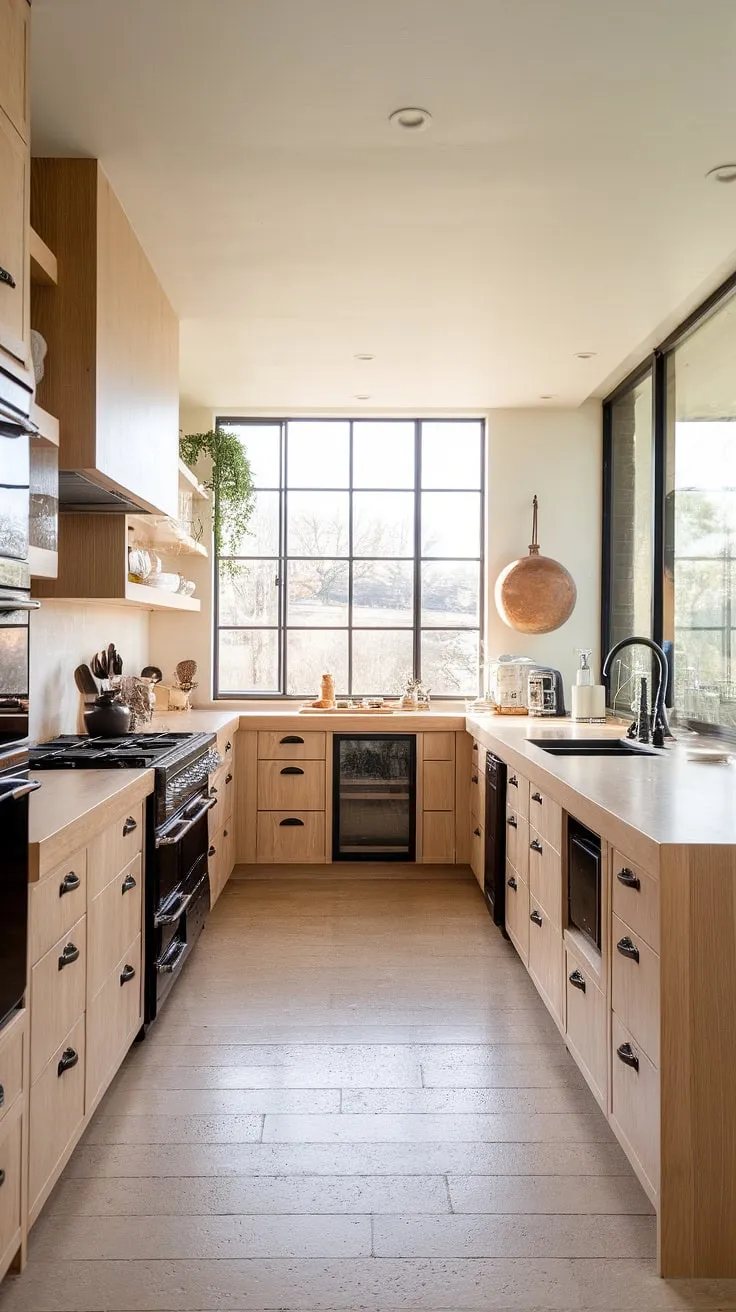 This organic modern kitchen showcases a U-shaped design with light wood cabinets and luxury accents, perfectly blending contemporary kitchen styles with aesthetic kitchen decor.