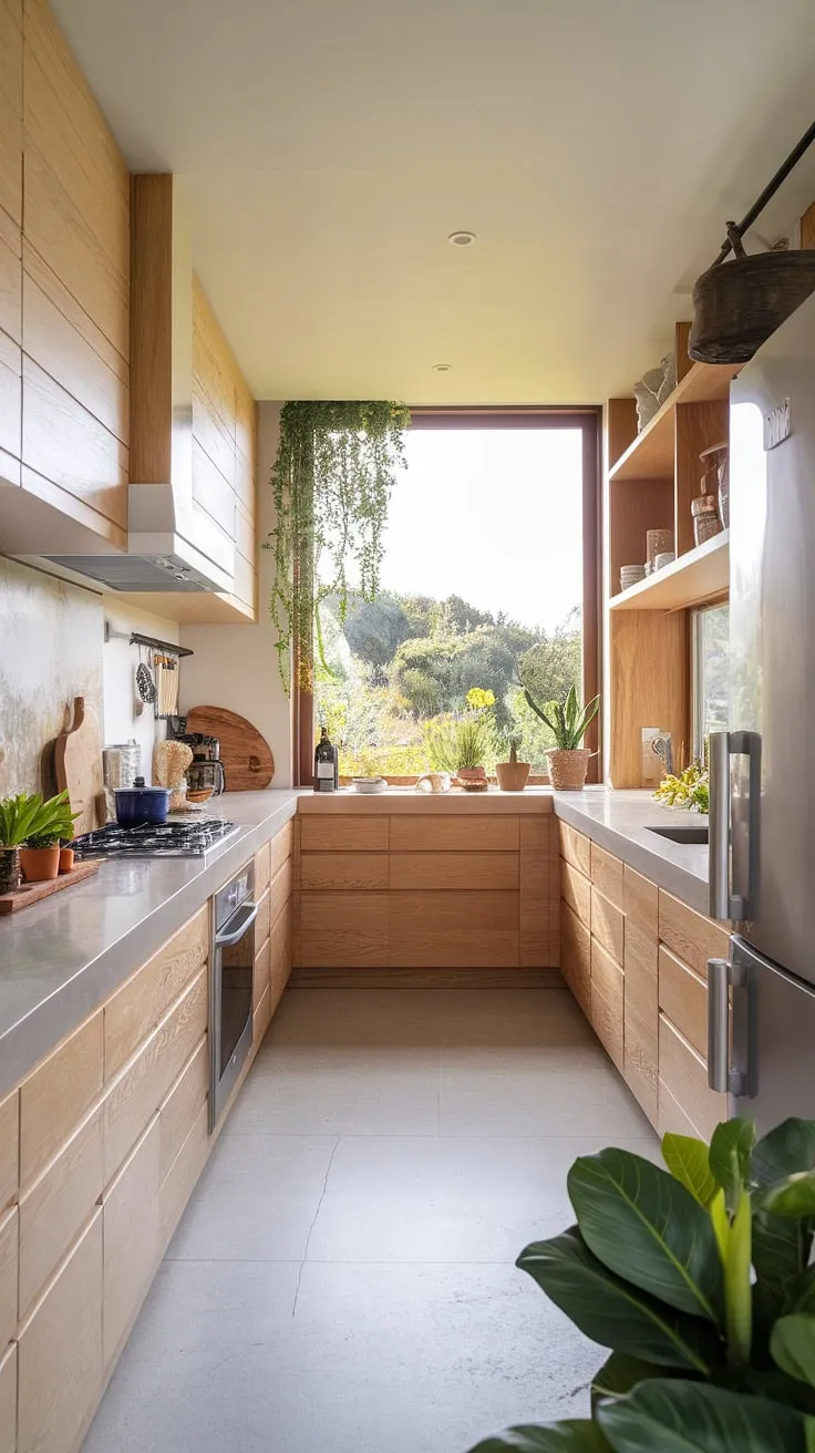 Featuring light wood interiors and a stunning view, this modern kitchen design embodies organic interior design and aesthetic kitchen decor in a luxurious setting.
