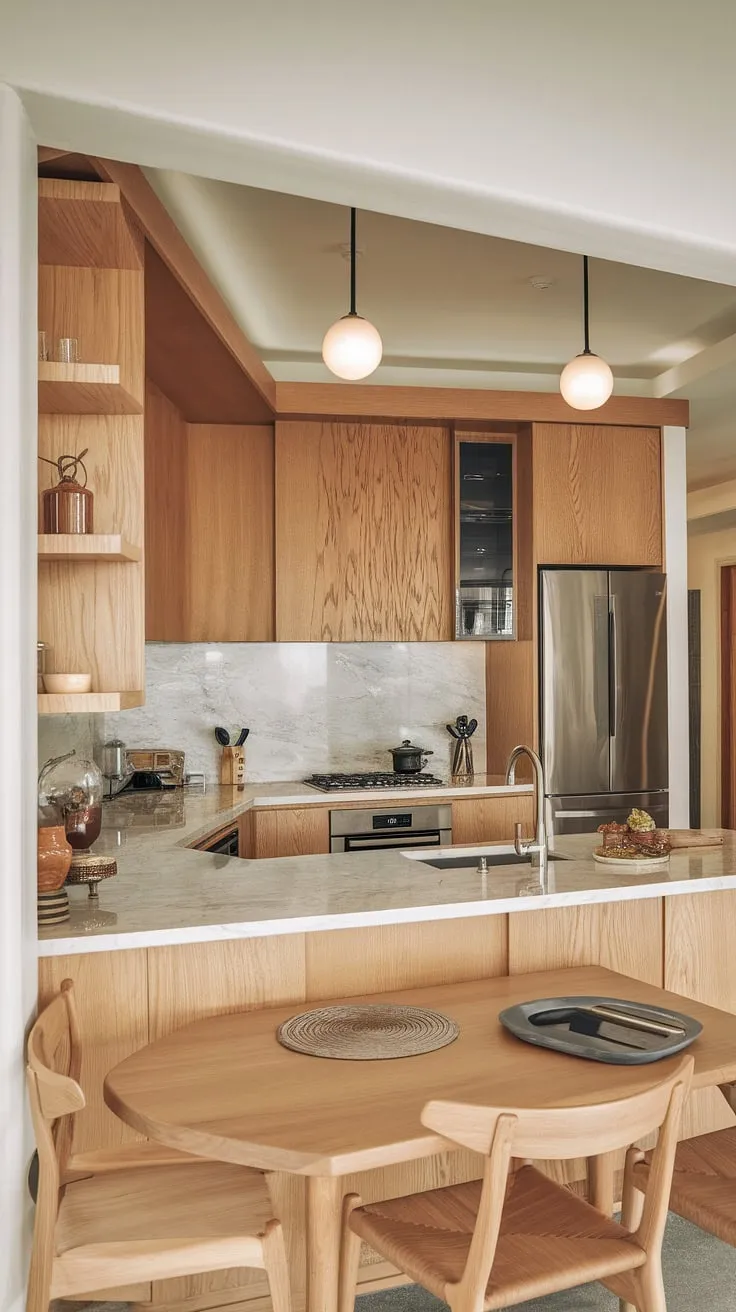 The u-shaped luxury kitchen showcases organic interior design with light wood elements and marble accents, perfectly blending contemporary kitchen styles and aesthetic kitchen decor.