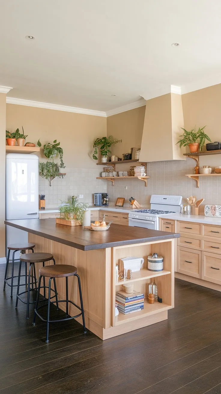 This organic modern kitchen showcases a U-shaped layout with light wood cabinets, dark wood countertops, and aesthetic kitchen decor, blending luxury kitchen design with contemporary kitchen styles.