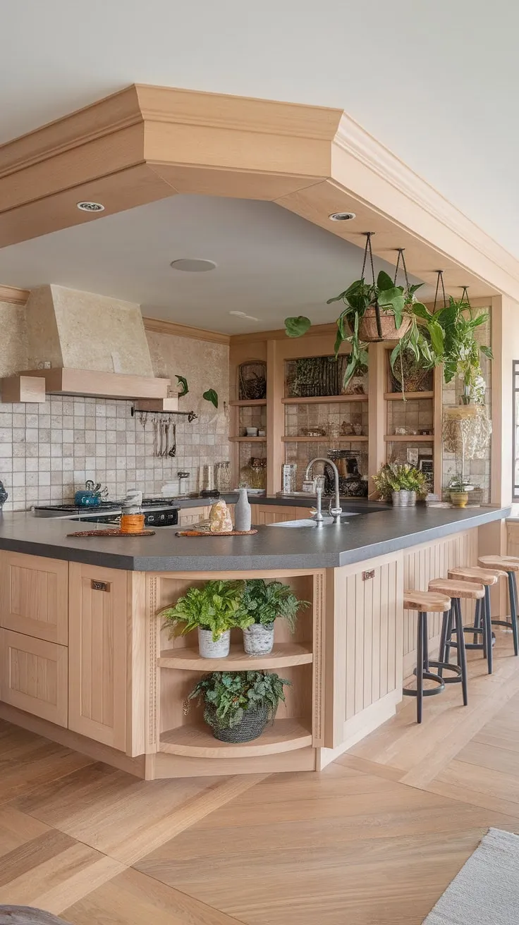 This luxurious organic modern kitchen features a U-shaped layout with light wood finishes, a dark grey island, and aesthetic decor that embodies contemporary kitchen styles.