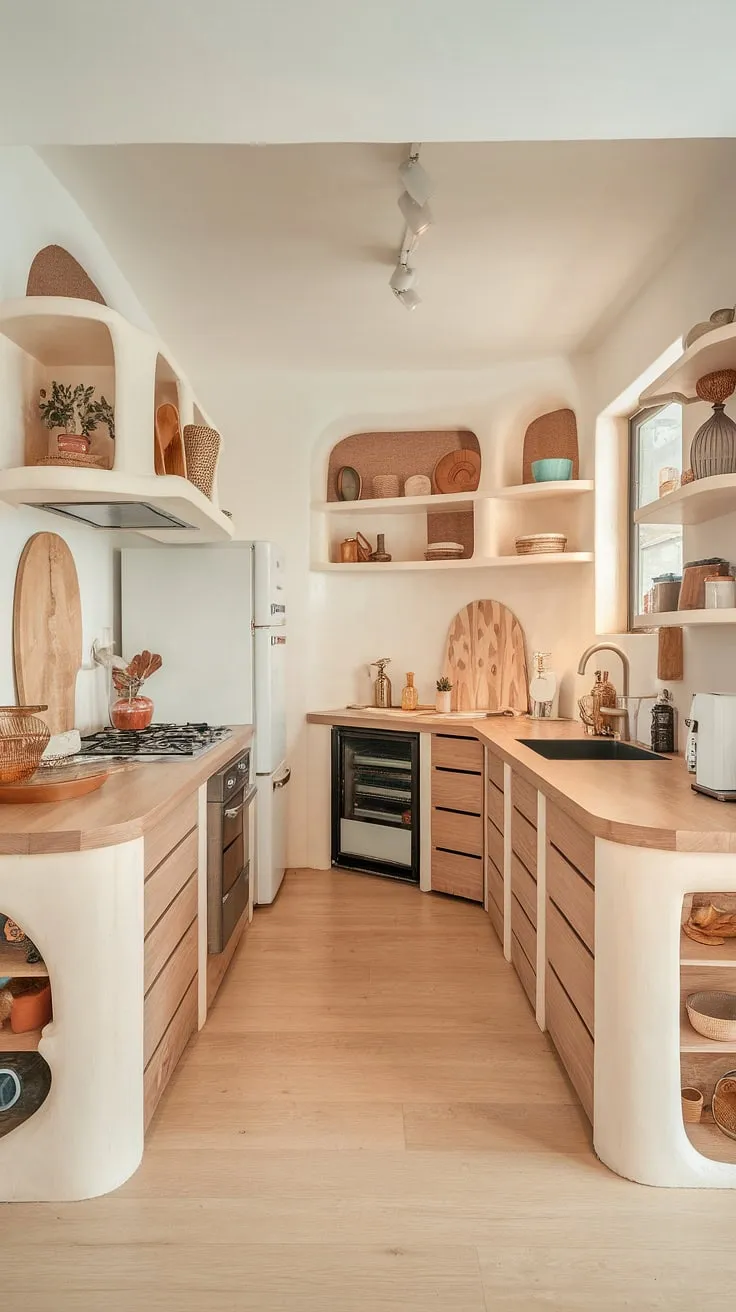 Featuring a bright and airy atmosphere, this modern kitchen design highlights organic interior design elements with its light wood color scheme and functional appliances.
