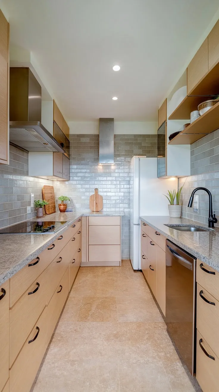 This organic modern kitchen features a u-shaped layout with light wood cabinets and granite countertops, showcasing contemporary kitchen styles and aesthetic kitchen decor for a luxurious feel.