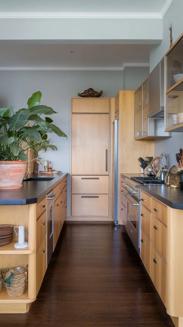 Featuring light wood kitchen interiors and a striking dark wood floor, this modern kitchen design harmonizes organic interior design elements with functional elegance.