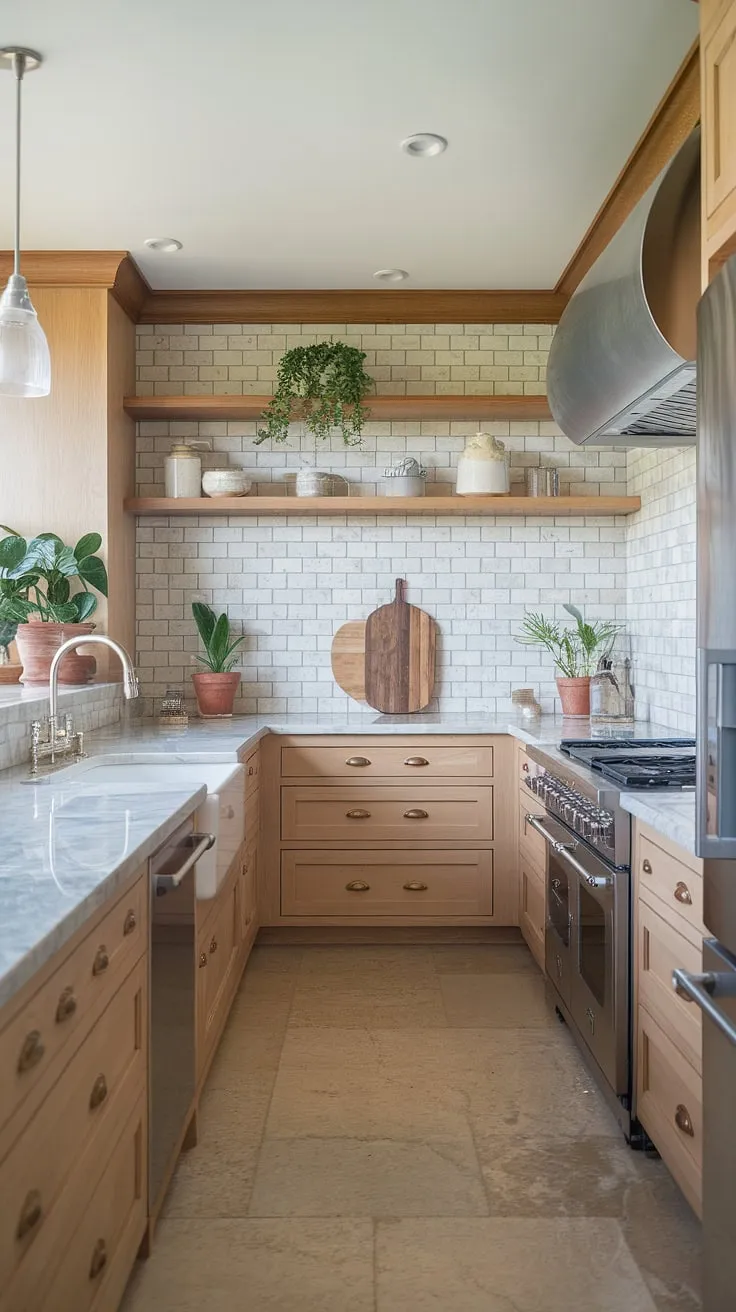 This luxury organic modern kitchen features a U-shaped design with light wood cabinets, marble countertops, and aesthetic kitchen decor that embodies contemporary kitchen styles.