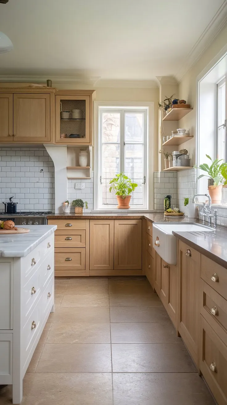 This organic modern kitchen features a U-shaped layout with light wood cabinets, a white marble island, and aesthetic kitchen decor, embodying luxury kitchen design and contemporary kitchen styles.