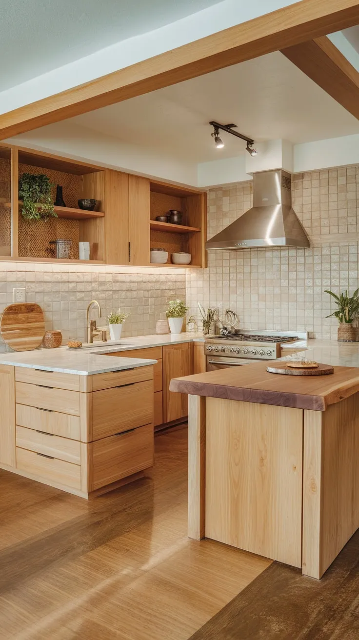 The light wood kitchen showcases a U-shaped design with elegant wooden cabinets, a marble island, and stylish decor, embodying the essence of organic interior design and luxury kitchen design.