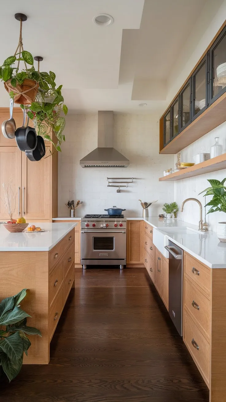 The u-shaped layout of this organic modern kitchen showcases light wood finishes and elegant appliances, creating a stunning luxury kitchen design that highlights wooden kitchen interiors and contemporary aesthetics.