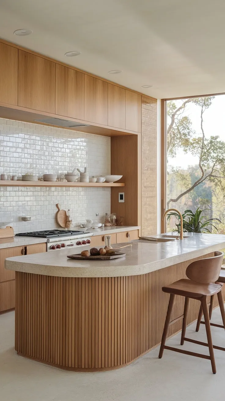 The light wood kitchen showcases a U-shaped layout and elegant stone surfaces, embodying modern kitchen design and organic interior design for a stunning luxury kitchen experience.