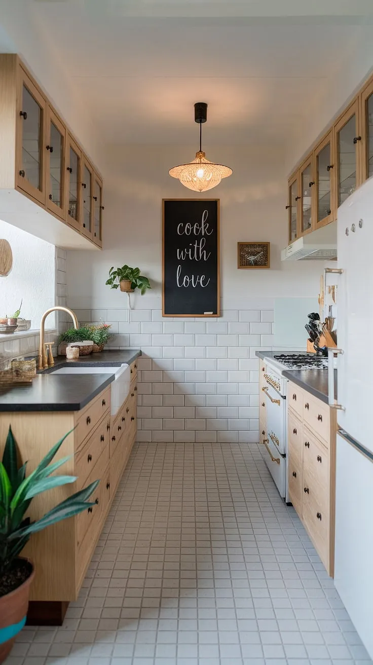This organic modern kitchen showcases a U-shaped design with light wood cabinets, a dark countertop, and aesthetic kitchen decor, blending luxury kitchen design with contemporary kitchen styles.