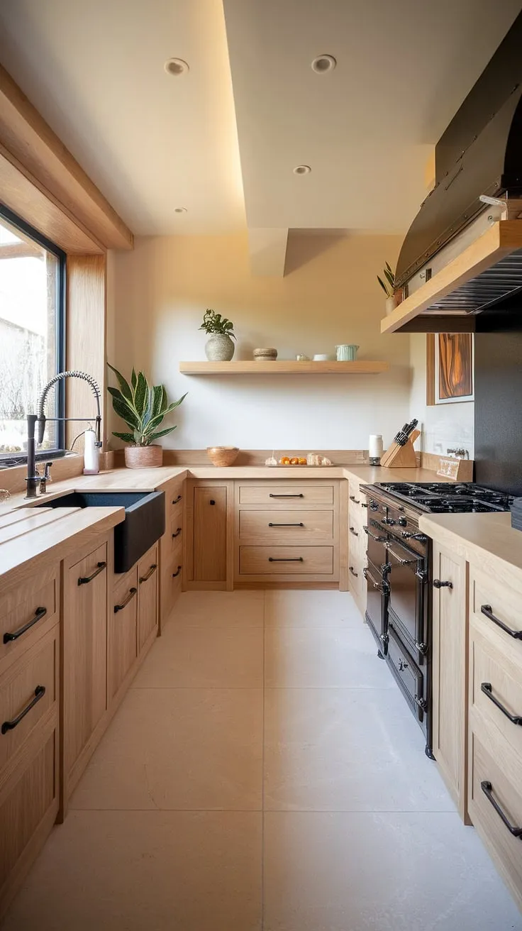 The warm, inviting atmosphere of this organic modern kitchen showcases light wood elements and a U-shaped layout, perfectly blending luxury kitchen design with contemporary kitchen styles.