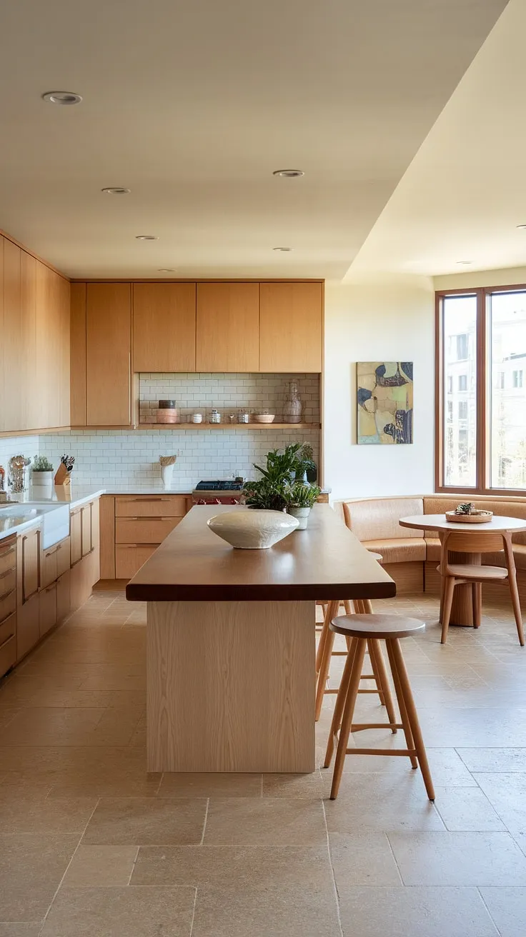 Featuring a harmonious blend of wooden kitchen interiors and organic interior design, this modern kitchen captivates with its inviting breakfast nook and bright, warm lighting.