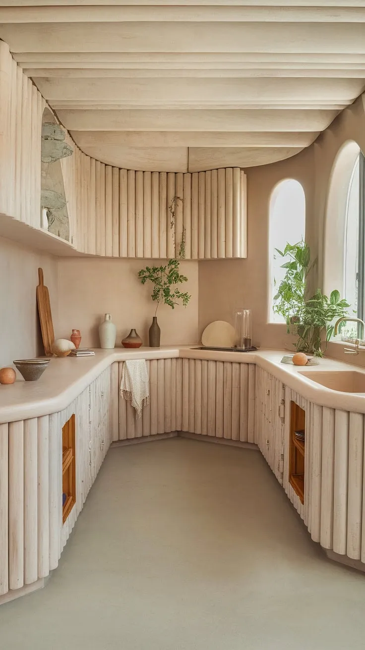 Featuring a clean, minimalistic layout with wooden kitchen interiors and a soft beige backsplash, this modern kitchen design radiates organic interior design elegance.