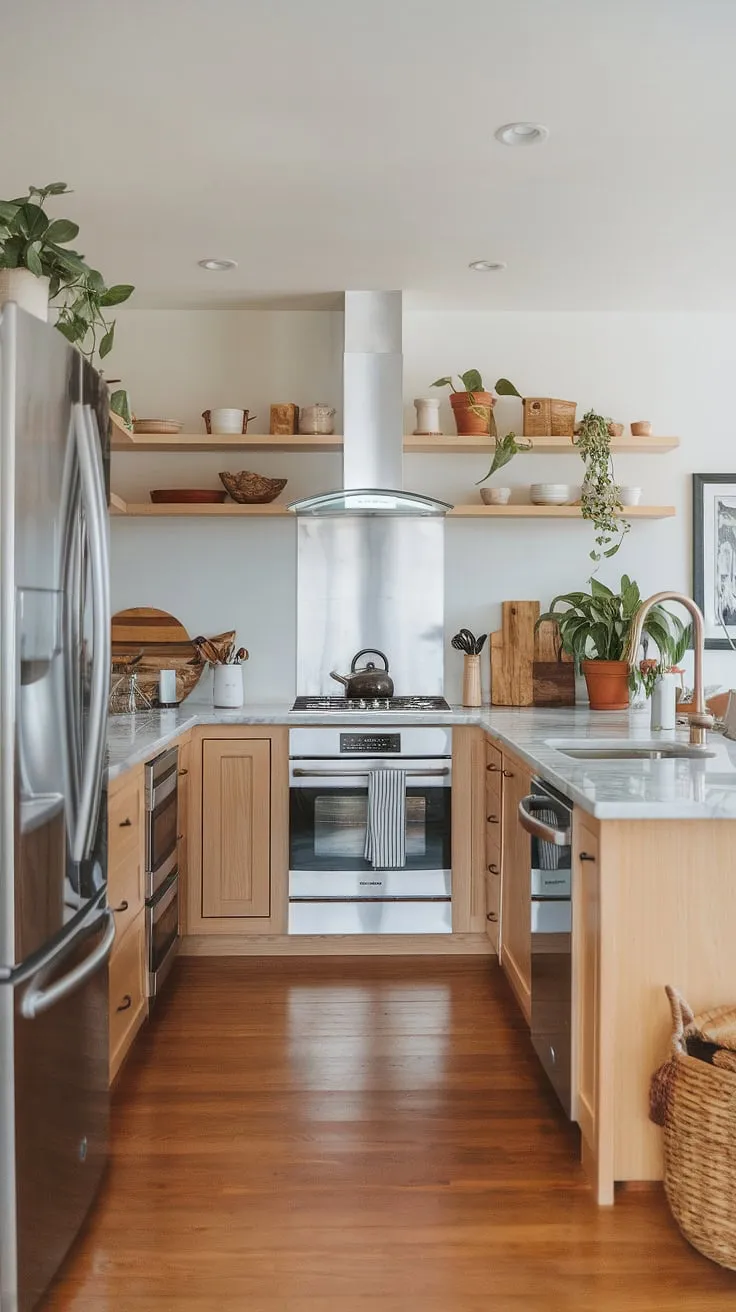 The light wood kitchen showcases a u-shaped design with organic interior elements, stainless steel appliances, and elegant decor, creating a stunning modern kitchen that exudes luxury.