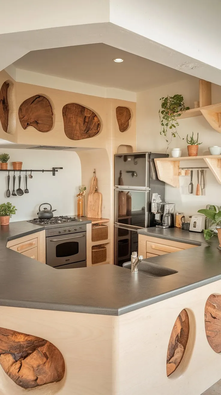 This U-shaped organic modern kitchen showcases light wood finishes and contemporary kitchen styles, enhanced by aesthetic kitchen decor and luxury kitchen design elements.