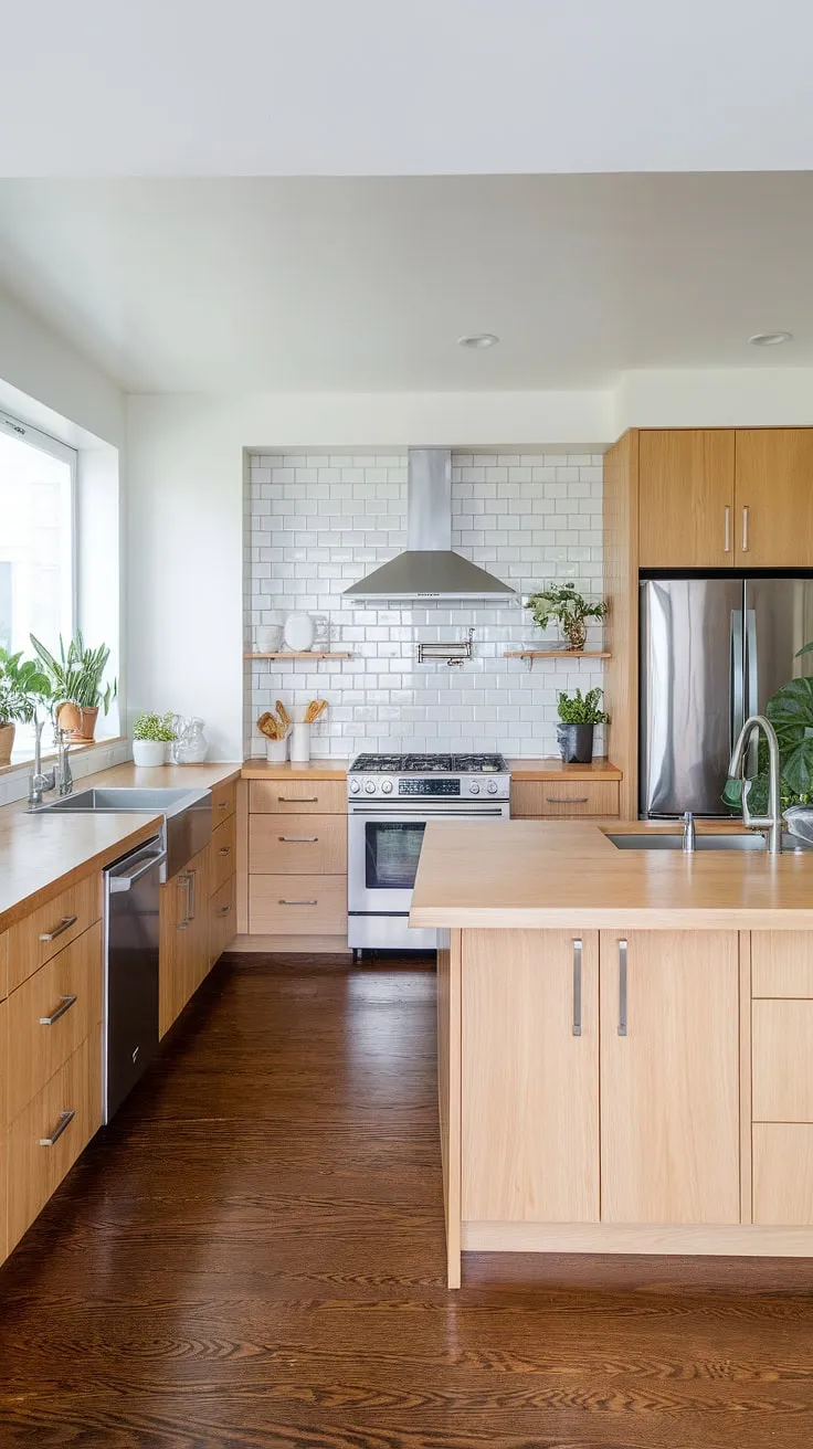 This organic modern kitchen showcases a U-shaped layout with light wood finishes, blending luxury kitchen design and contemporary kitchen styles with aesthetic kitchen decor and wooden kitchen interiors.