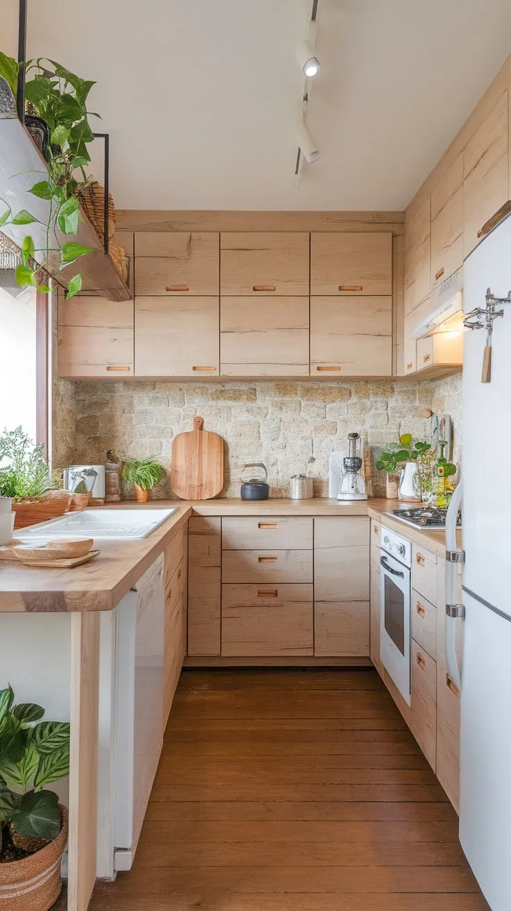 This organic modern kitchen showcases a U-shaped design with light wood cabinets, natural stone backsplash, and aesthetic kitchen decor, embodying luxury kitchen design and contemporary kitchen styles.