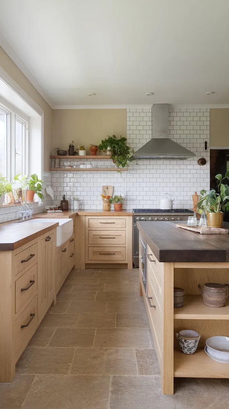 This organic modern kitchen showcases a U-shaped layout with light wood cabinetry, a dark wooden island, and aesthetic kitchen decor, blending luxury kitchen design with contemporary kitchen styles.