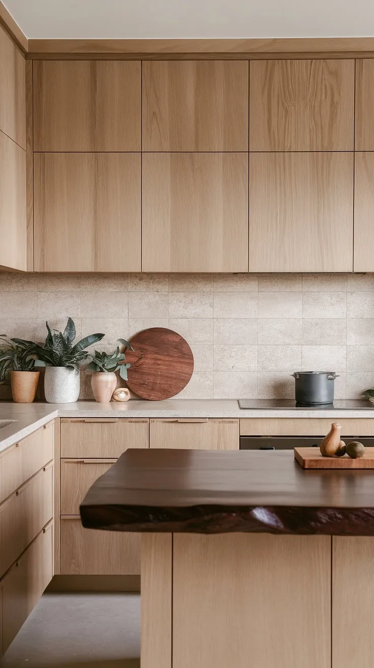 The U-shaped luxury kitchen combines light wood interiors and organic interior design elements, creating a stunning aesthetic with a focus on modern kitchen design.