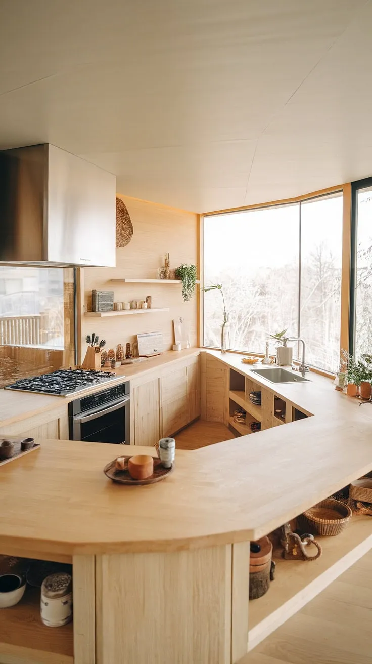 This U-shaped organic modern kitchen showcases a light wood color scheme and contemporary kitchen styles, blending luxury kitchen design with aesthetic kitchen decor for a stunning wooden kitchen interior.