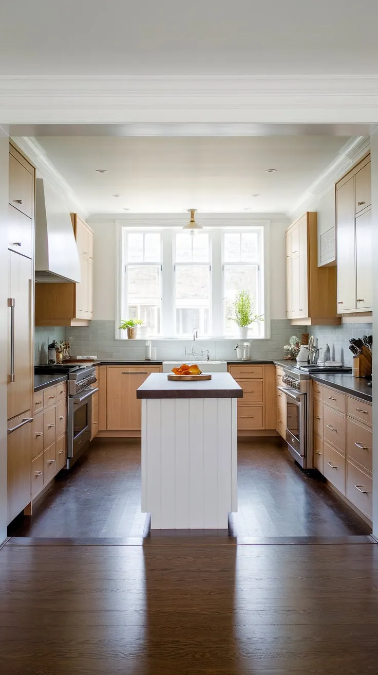 The aesthetic kitchen decor showcases a harmonious blend of light wood and dark elements, creating a stunning modern kitchen design with a focus on organic interior design.