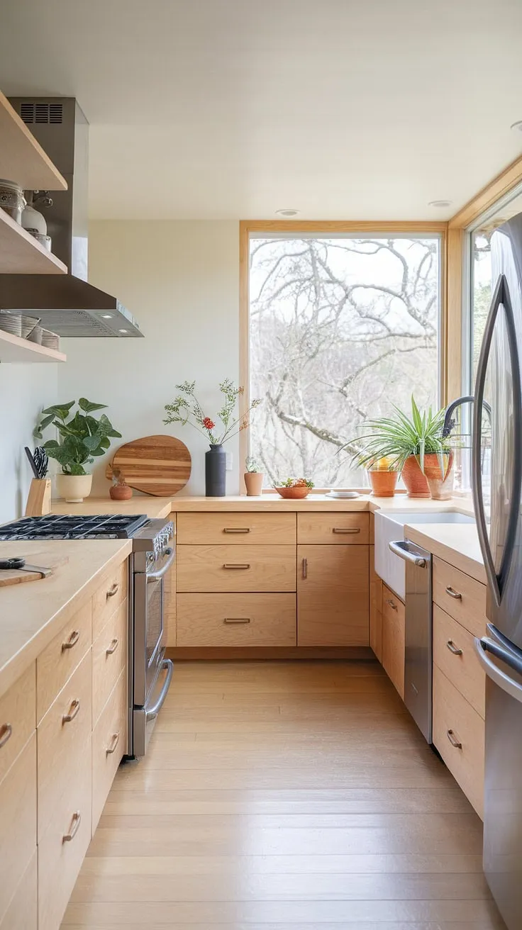 Featuring a large window that invites nature inside, this light wood kitchen exemplifies organic interior design with its wooden kitchen interiors and stainless steel appliances.