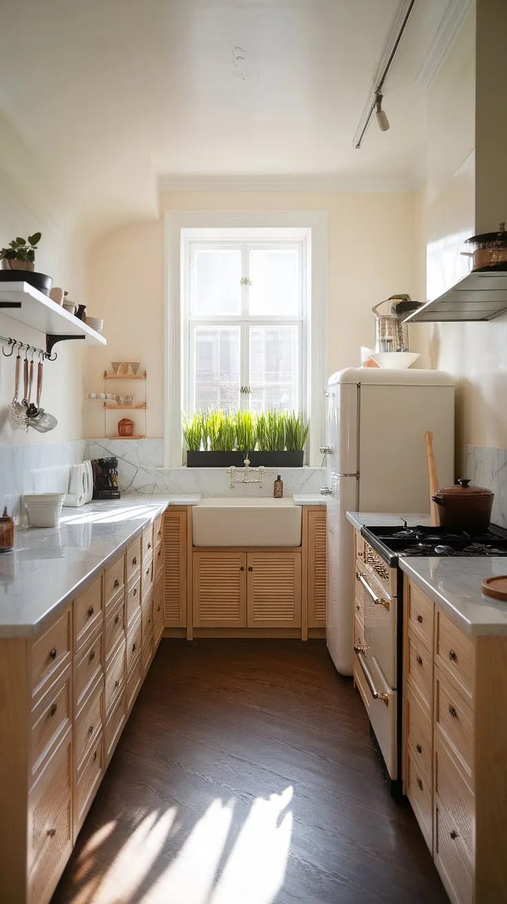 This spacious organic modern kitchen features light wood cabinets, a white marble countertop, and contemporary kitchen styles, creating an aesthetic decor that blends luxury and functionality.