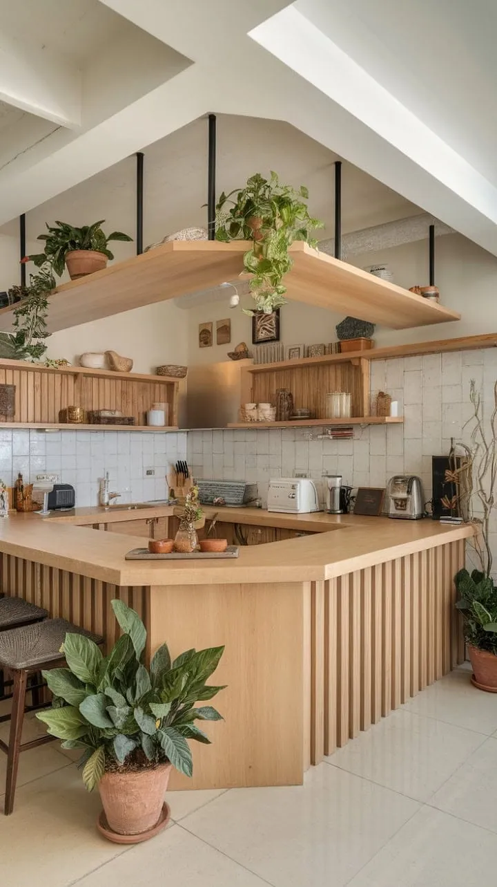 This U-shaped contemporary kitchen blends light wood cabinetry and sleek appliances with vibrant plants, creating a sophisticated yet organic culinary haven.