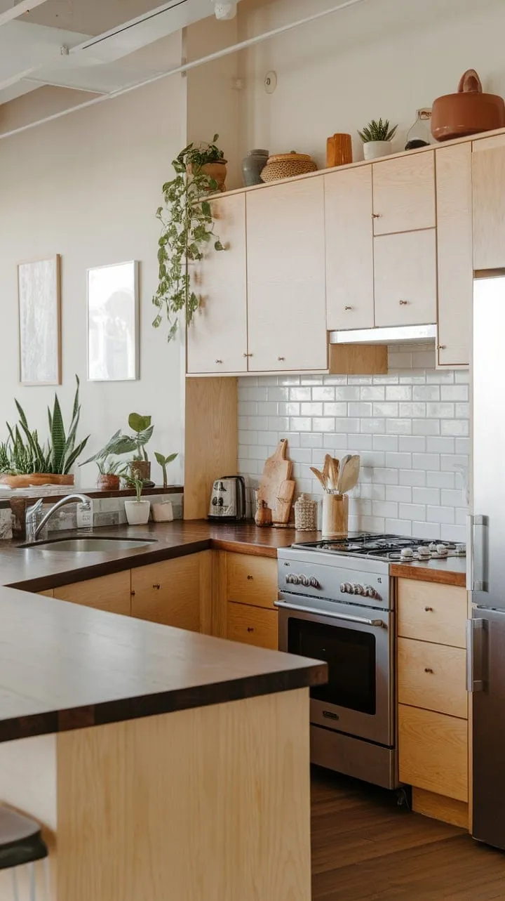 This U-shaped kitchen harmoniously fuses modern elegance with natural warmth, featuring a striking contrast of light and dark woods, vibrant potted plants, and a design that inspires culinary creativity.