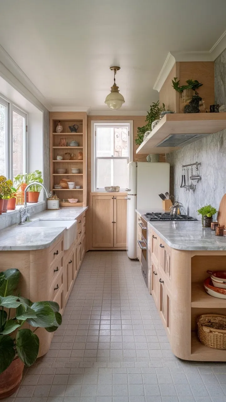 Bathed in sunlight, this U-shaped kitchen harmoniously combines light wood, marble, and vintage accents, creating a serene oasis of modern elegance and timeless charm.