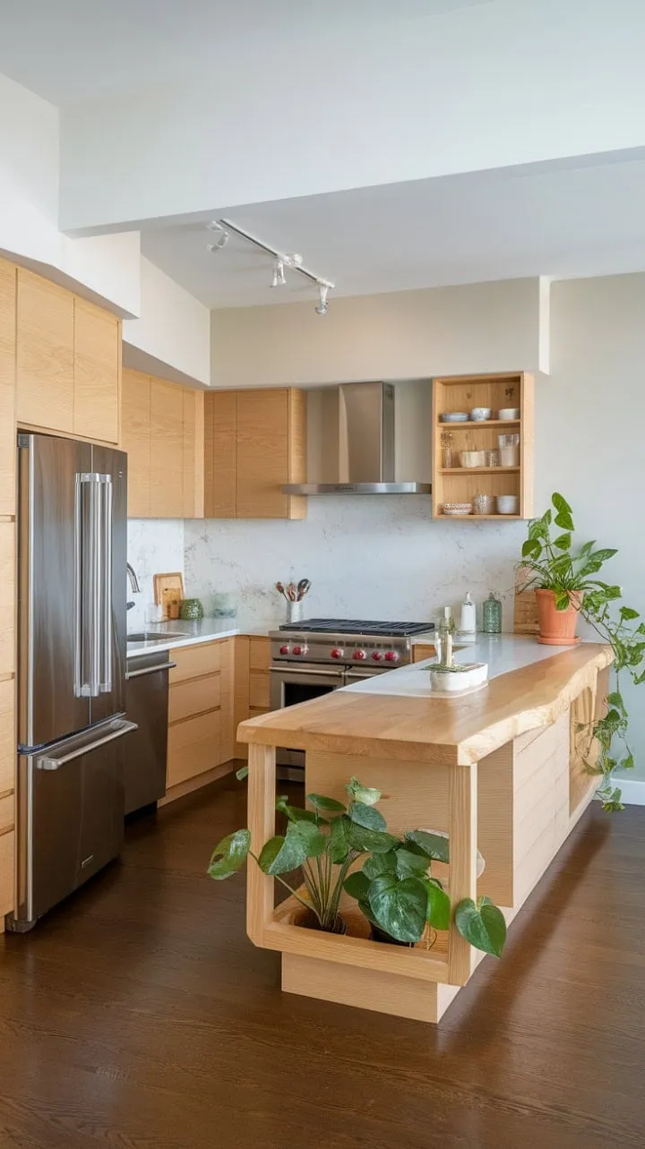 This U-shaped kitchen blends light wood, white marble, and stainless steel for a sophisticated yet inviting space that embodies effortless elegance and serves as the heart of the home.