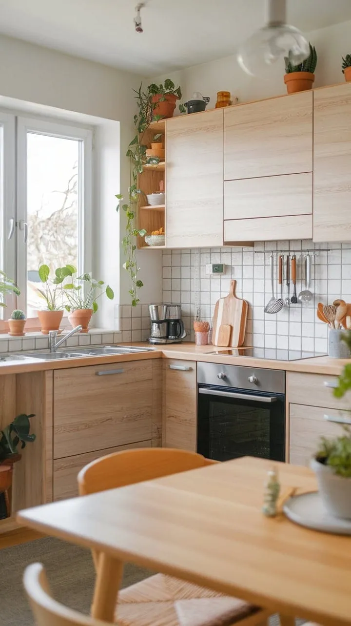 Bathed in sunlight, this U-shaped kitchen harmoniously combines modern design with natural warmth, featuring light wood finishes and vibrant potted plants.