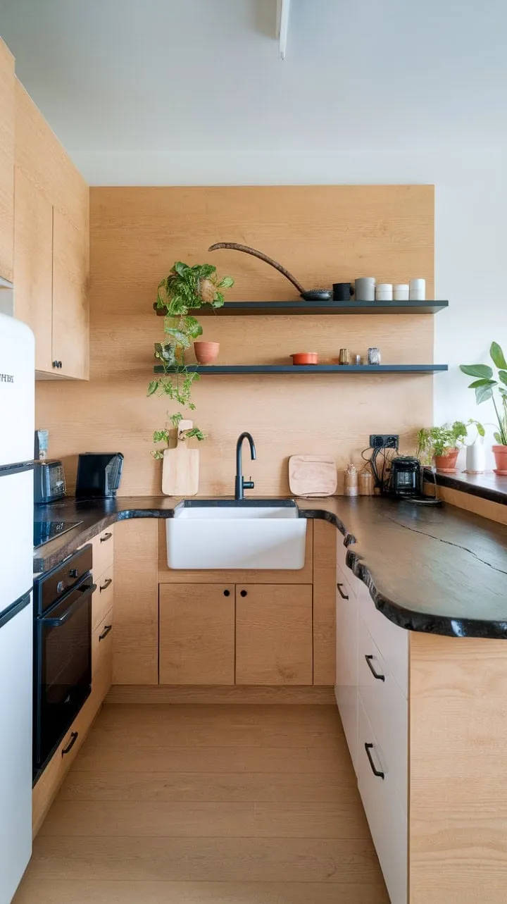 This U-shaped kitchen masterfully combines modern elegance with organic warmth, featuring a striking dark countertop, light wood cabinetry, and refreshing greenery for a stunning culinary haven.