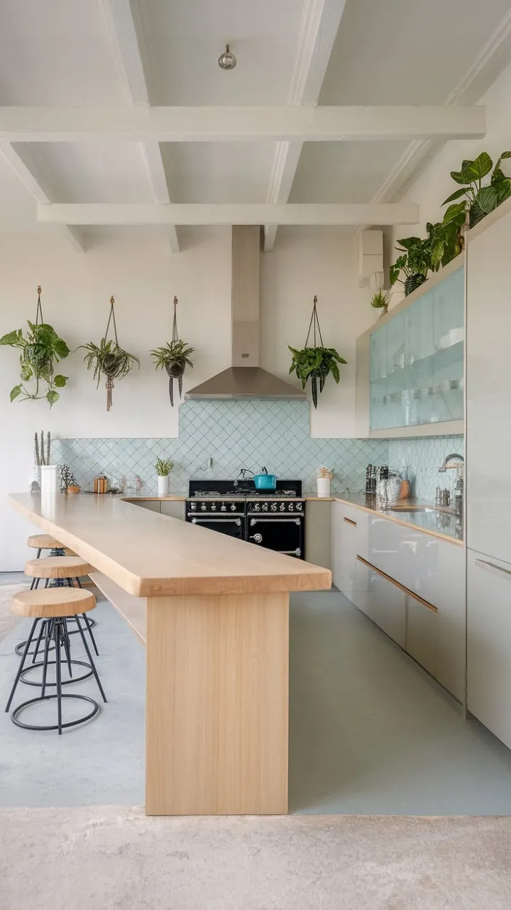 This modern kitchen harmoniously blends sleek white finishes with warm wood accents and a patterned blue backsplash, creating a stylish yet highly functional haven for home cooks.