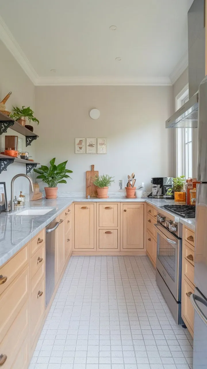 This U-shaped kitchen harmoniously combines light wood, marble, and stainless steel with natural accents, creating a warm sanctuary for culinary creativity.