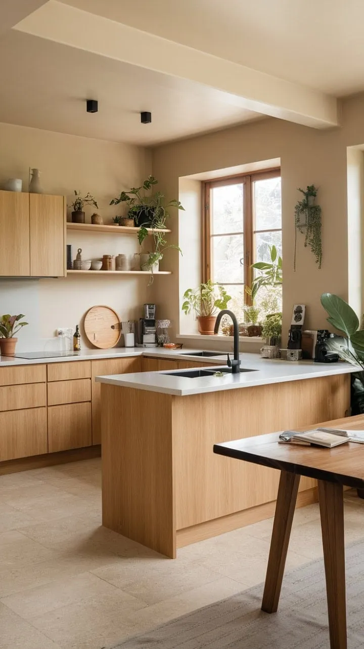 This U-shaped organic modern kitchen, with its warm wood tones and crisp white island, is a light-filled haven that seamlessly blends style and functionality for culinary creativity and entertaining.