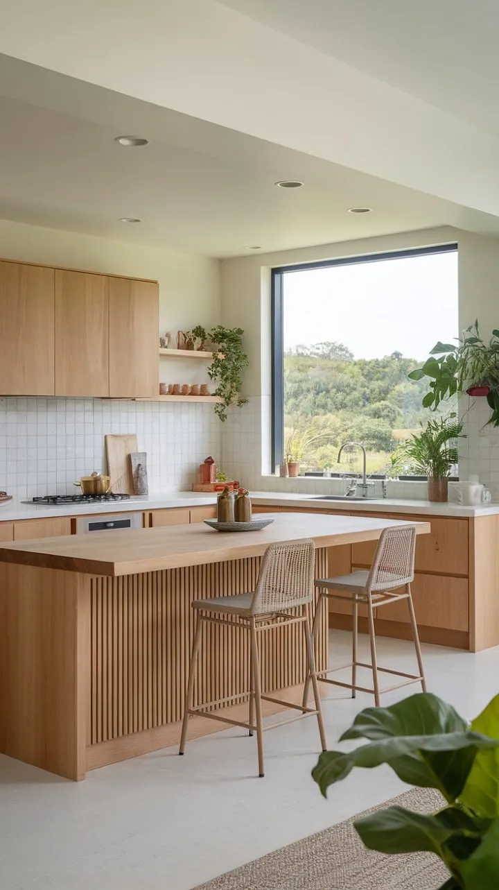 This contemporary kitchen harmoniously blends light wood elegance and natural views, embodying a serene space where modern functionality meets organic simplicity.
