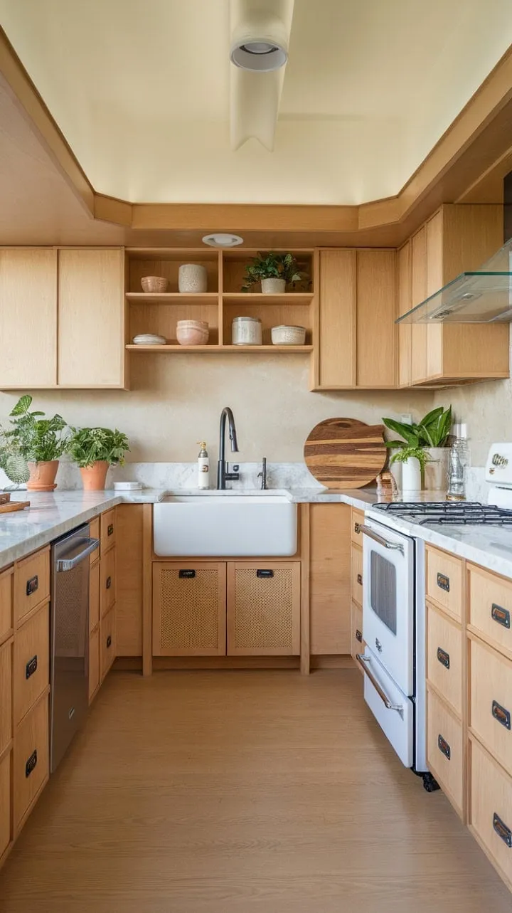 This U-shaped kitchen blends light wood, marble, and stainless steel into a serene culinary sanctuary, enhanced by potted plants and generous counter space for effortless meal prep.