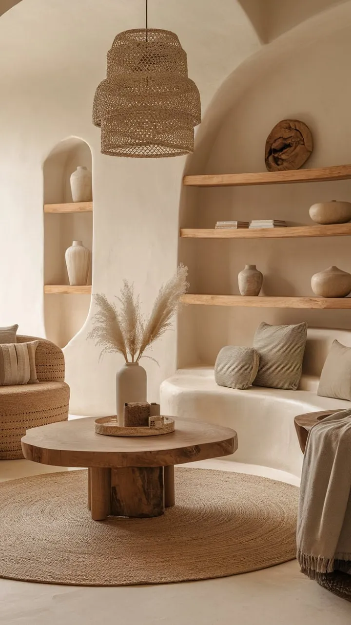 Bathed in sunlight, this Tulum-inspired living room exudes effortless style with its warm wood tones and serene, organic forms, crafting a calming sanctuary.