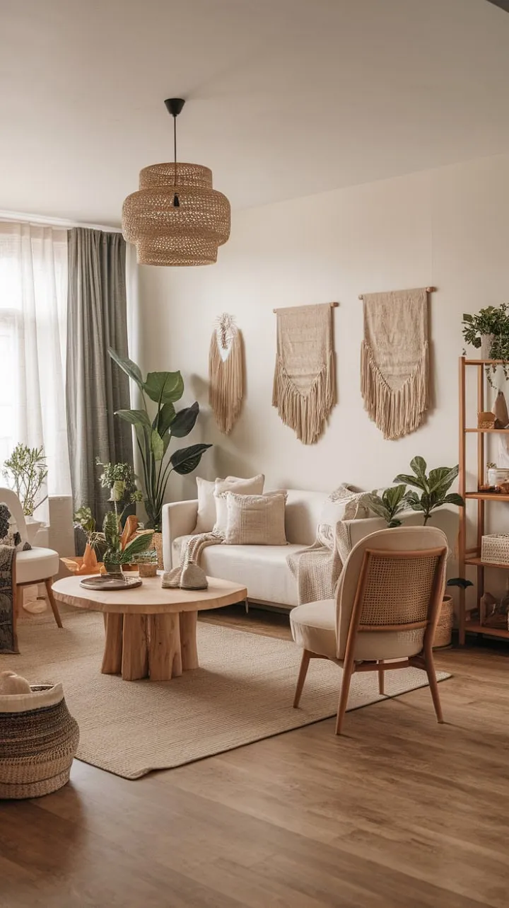 Discover a serene retreat where neutral tones, organic textures, and bohemian accents harmonize with nature to create the ultimate cozy living space.