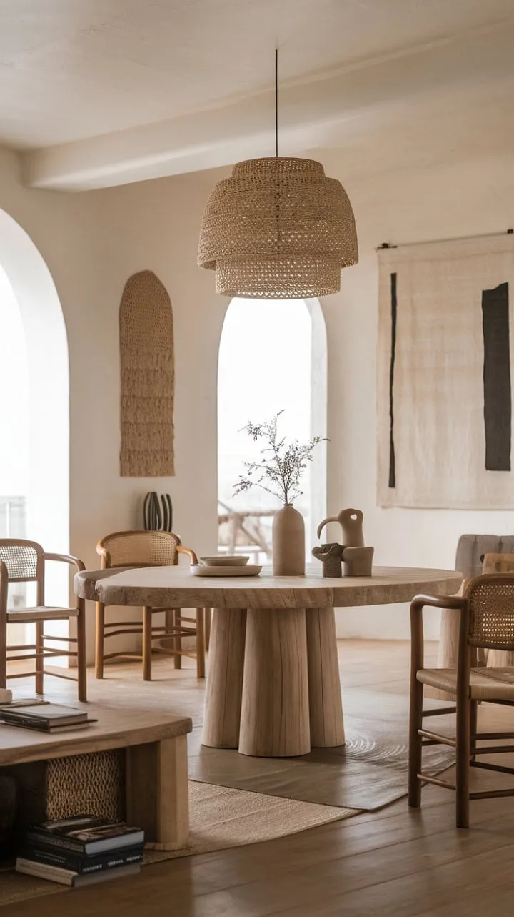 Bathed in sunlight, this modern boho living room blends organic textures and Mediterranean charm, crafting a serene sanctuary of minimalist elegance.