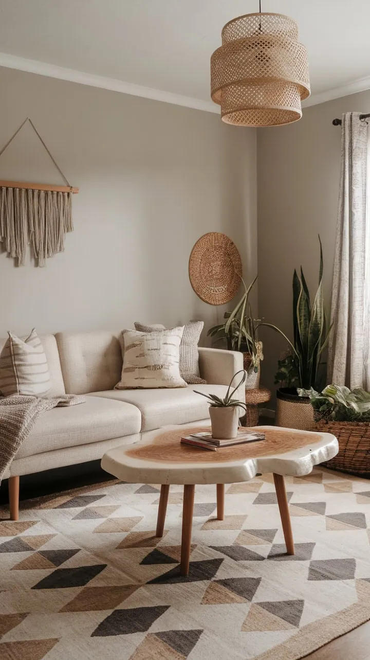 This serene living room harmoniously fuses modern aesthetics with natural touches, featuring a beige sofa, geometric rug, and lively plants for a tranquil retreat.