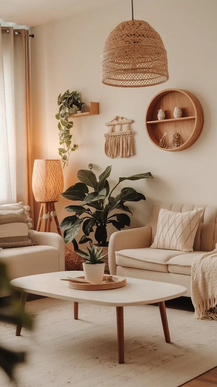 Featuring a blend of neutral living room decor and modern Mediterranean touches, this Clements design living room captures the essence of Tulum style with its cozy atmosphere and potted plants.